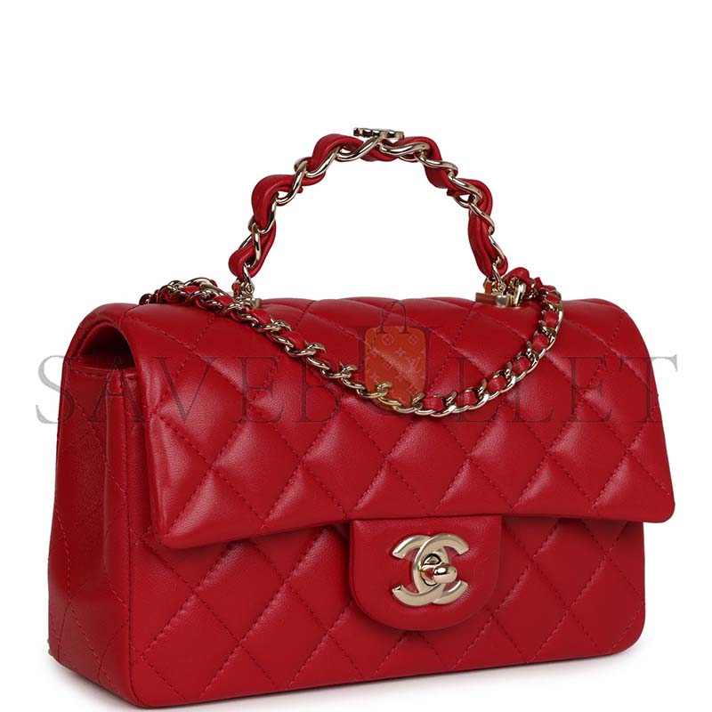 CHANEL MINI RECTANGULAR FLAP WITH TOP HANDLE RED LAMBSKIN LIGHT GOLD HARDWARE (20*12*6cm)